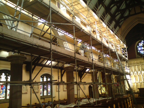 Apex scaffolding erected to the interior of St Kentigern's Church, Blackpool