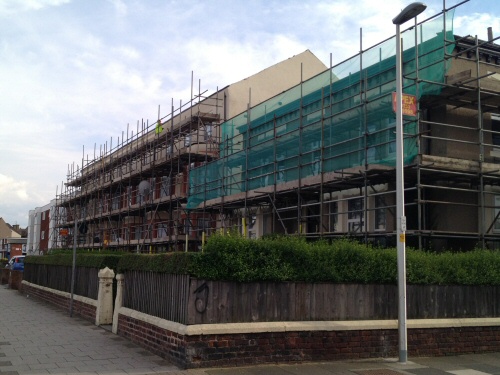 Metric scaffolding erected to flats on Lytham Road in South Shore, Blackpool